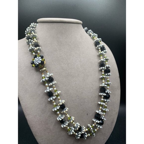 Double Strand Retro Necklace Flower Beads Plastic Glass Green White Black Gold - Picture 4 of 10